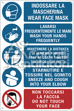 Multisimbolo: indossare la mascherina - wear the mask, lavarsi frequentemente le mani wash your hands frequently, mantenere la distanza di almeno 1 metro - keep physical distance of at least 1 meter - 6 feet, starnutire e tossire nel gomito - to sneeze and tough in the elbow, non toccarsi la faccia - do not touch the face - Coronavirus Covid-19